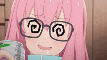 a girl with pink hair is wearing glasses and holding a can of beer