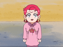 a little girl with red hair and blue eyes is wearing a pink shirt
