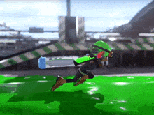 a video game character is jumping in the air with a green gun