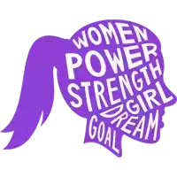 a purple silhouette of a woman 's head with the words women power strength girl dream and goal