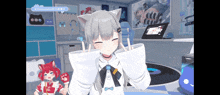 a girl with a cat ear on her head is giving the middle finger