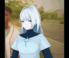 a girl with white hair is wearing a white shirt with a star on it