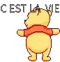 a pixel art of winnie the pooh dancing with the words `` cest la vie '' written on the bottom .