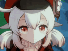 a close up of a anime character with red eyes