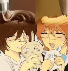 a couple of anime characters holding a stuffed animal with the number 8 on its face