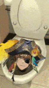 a toilet with a picture of a man in a pirate hat on it