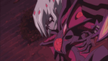 a purple and red cartoon character with a clock on the chest