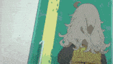 a girl with long white hair is standing in front of a door