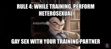 a picture of a man in a suit reading a book with the caption " rule 4 while training perform heterosexual gay sex with your training partner "