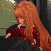 a girl with long red hair is standing in front of a sign that says justice