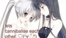 two anime girls are standing next to each other with the words `` lets cannibalise each other '' written on the bottom .