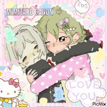 a drawing of a girl hugging another girl with mimitaro canon written on the top