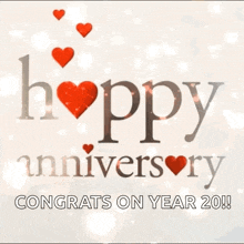 a happy anniversary greeting card with red hearts and the words congrats on year 20 !