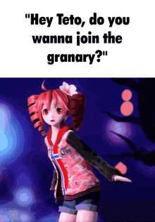 a picture of a girl with the words " hey teto do you wanna join the granary ? "