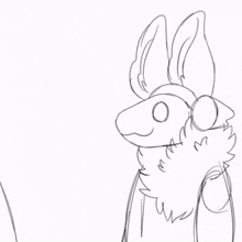 a black and white drawing of a rabbit with headphones on its head .