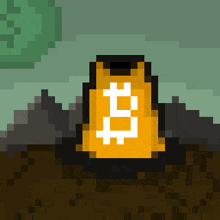 a pixel art drawing of a gold coin with a white letter b on it