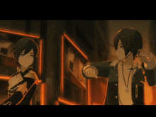 two anime characters are standing next to each other in front of a building with the letter o on it