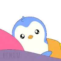 a penguin is sleeping in a bed with the words " good night " written above it