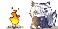 a cartoon of a wolf sitting next to a fire and a cartoon of a wolf with a gun .