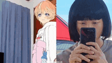 a drawing of a girl next to a person holding a phone
