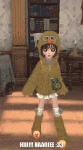 a girl wearing a frog hoodie is standing in a room with the number 33 on the bottom right