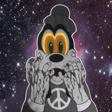 a cartoon character with a peace sign on his sweater