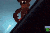 a teddy bear is standing on top of a roof in the dark .