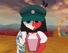 a cartoon drawing of a woman in a green hat holding a pink object