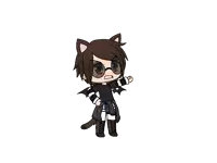 a boy with cat ears and sunglasses is standing with his fist in the air