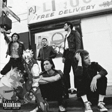 a group of men standing outside of a liquor store