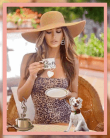 a woman in a hat is sitting at a table with a cup of coffee and a plate of food