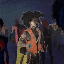 a painting of a man with a afro standing in a crowd of people .