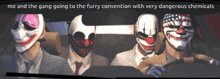 a group of men wearing clown masks are in a car