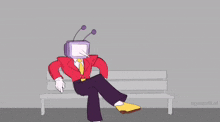 a cartoon character with a television head is standing on a bench next to a smaller character .