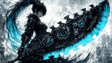 a girl with long hair is holding a large sword with blue flames coming out of it .