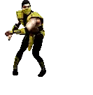 a man in a yellow and black superhero costume is jumping in the air on a white background .