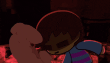 a cartoon character with a yellow face and brown hair stands in a dark room