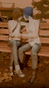 two girls are sitting on a bench holding hands and one has a tattoo on her arm