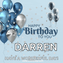 a birthday card for darren with blue and silver balloons and stars