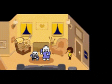 a cartoon of a living room with a couch , chairs , and a person standing in it .