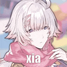a girl with white hair and purple eyes is wearing a pink scarf and the word xia is on the bottom