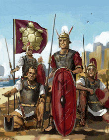 a painting of a group of roman soldiers with the letter m on their shields