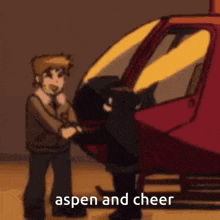 a cartoon of a man standing next to a red helicopter .