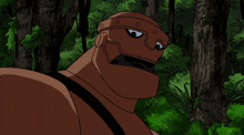 a cartoon drawing of a robot in a forest with trees in the background