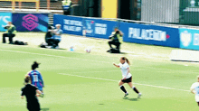 a soccer game is being played on a field with a philadelphia banner in the background