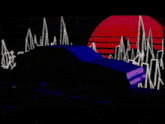 a computer generated image of a dark forest with a red sun behind it
