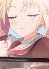 a close up of a blonde anime girl with closed eyes