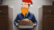 a man wearing a santa hat is holding a turkey in his hands