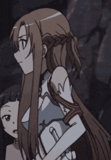 a girl with long brown hair is holding a sword and giving a peace sign