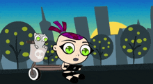 a cartoon girl with green eyes is sitting on a bench next to an owl